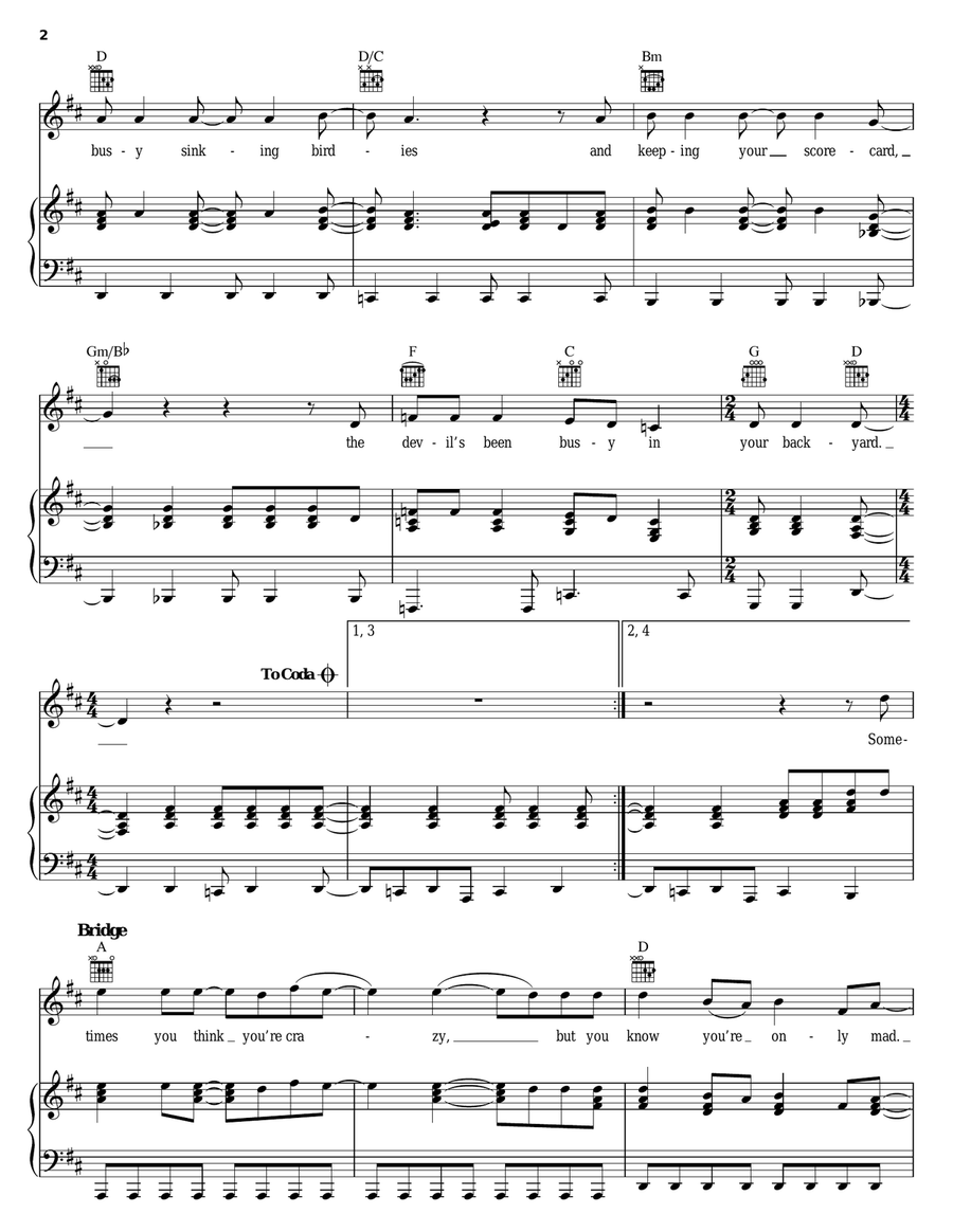 The Devil's Been Busy Piano, Vocal, Guitar scores gallery preview page 2
