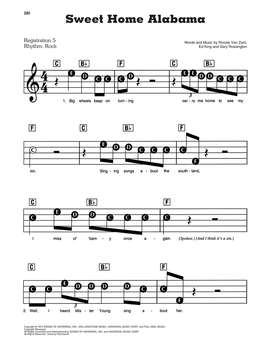 Sweet Home Alabama Electronic Keyboard scores gallery preview page 1