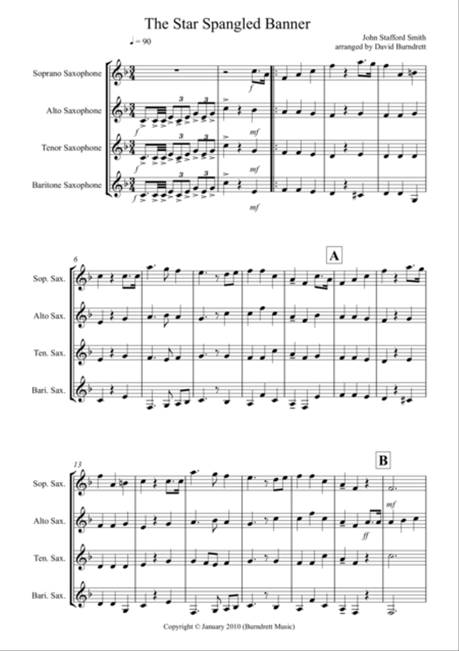 The Star Spangled Banner for Saxophone Quartet Saxophone Quartet scores gallery preview page 1