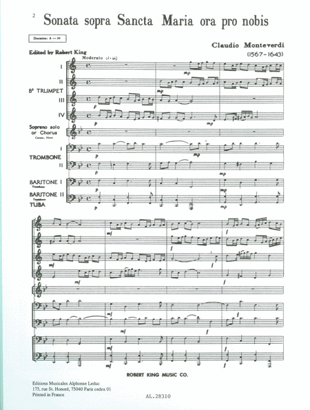 Monteverdi King Sonata Sopra Sancta Maria Brass Ensemble & Vces Sc/pts