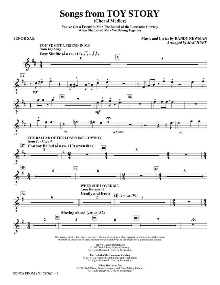 Songs from Toy Story (Choral Medley) (arr. Mac Huff) - Tenor Sax