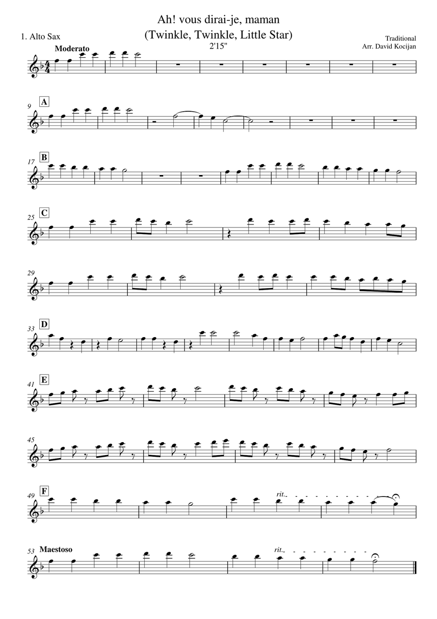 Twinkle, Twinkle, Little Star - Alto Saxophone Quartet Saxophone Quartet scores gallery preview page 1