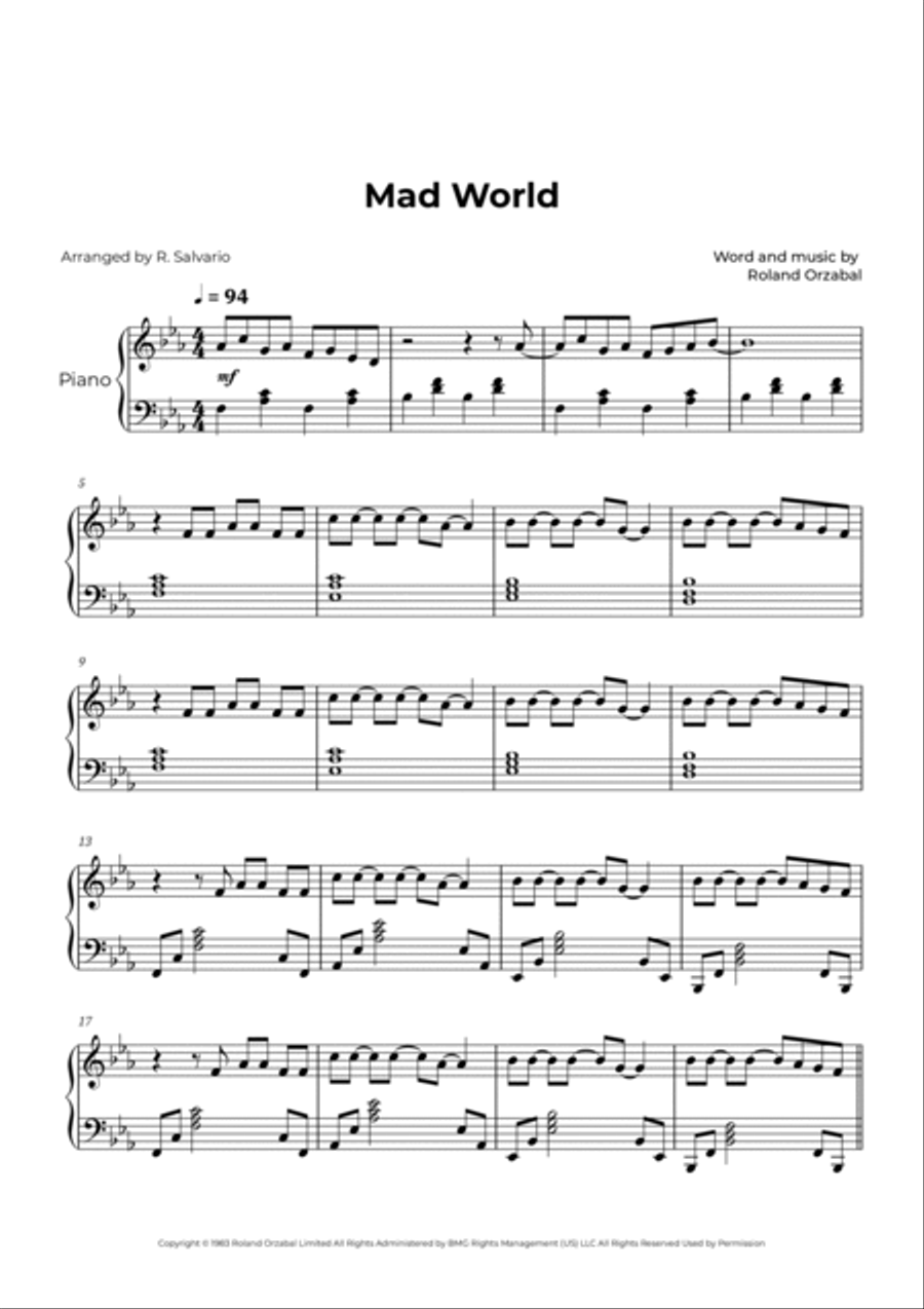 Mad World Piano Solo scores gallery preview page 2