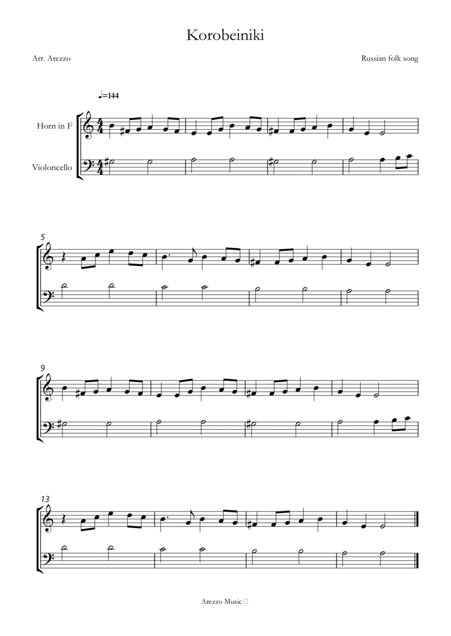 korobeiniki tetris theme for French Horn and Cello Sheet Music Chamber Music scores gallery preview page 1