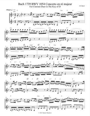 Bach 1739 BWV 1054 Concerto en ré majeur as Duet for 2 Clarinets in A in the Original Concert Key o