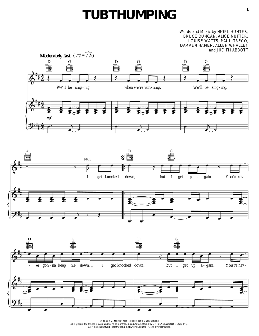 Tubthumping Piano, Vocal, Guitar scores gallery preview page 1