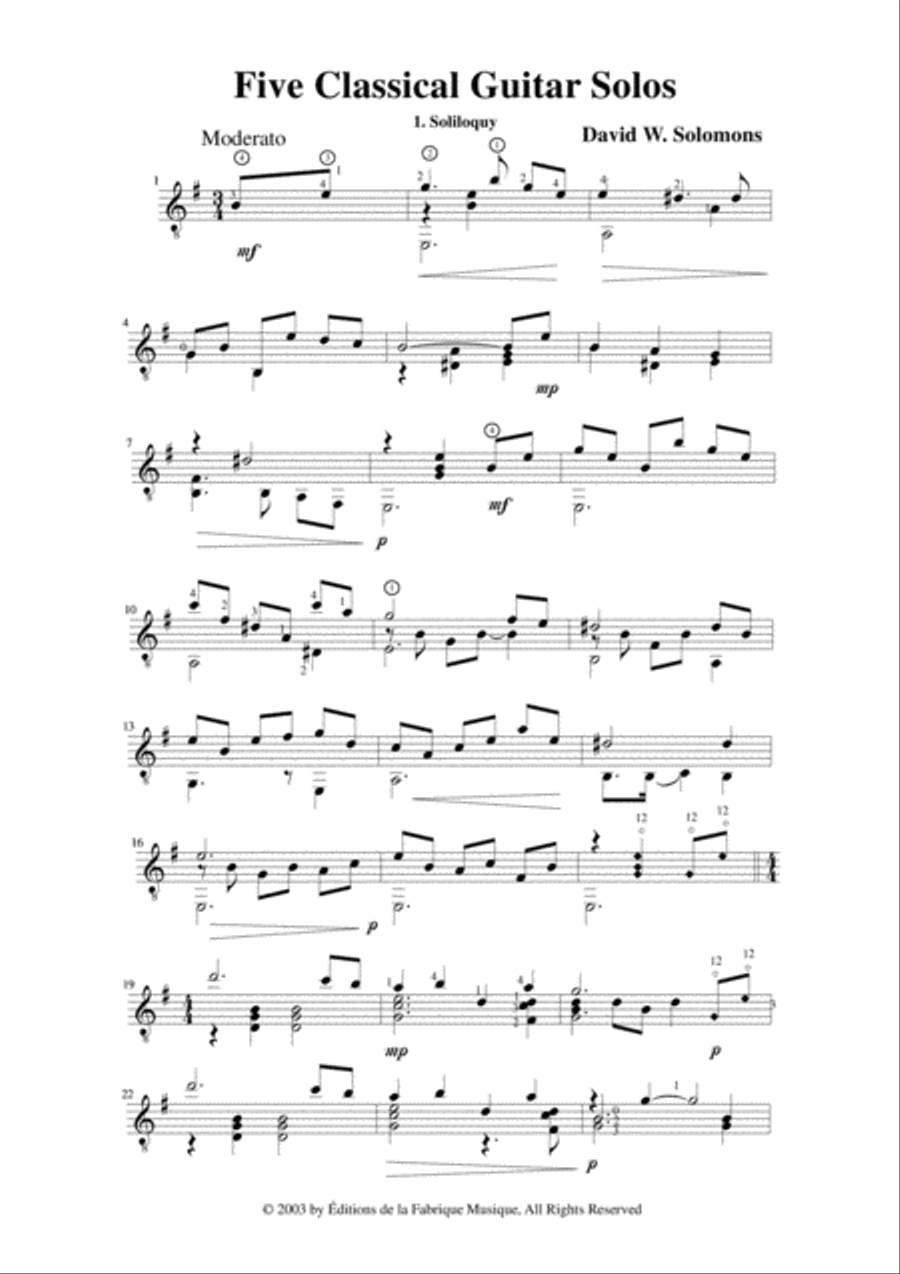 David W. Solomons: Five Classical Guitar Solos for guitar Acoustic Guitar scores gallery preview page 2
