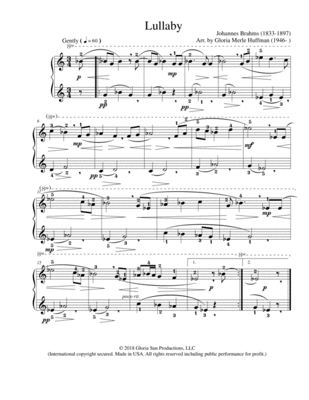 Brahms Lullaby, C/E-flat maj., Easy Intermed. Pno & P/Voc, Eng/Ger image number null