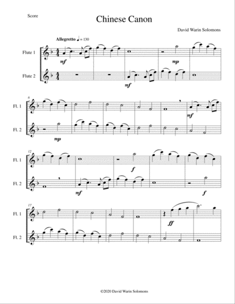Chinese canon for two flutes Flute Duet scores gallery preview page 1