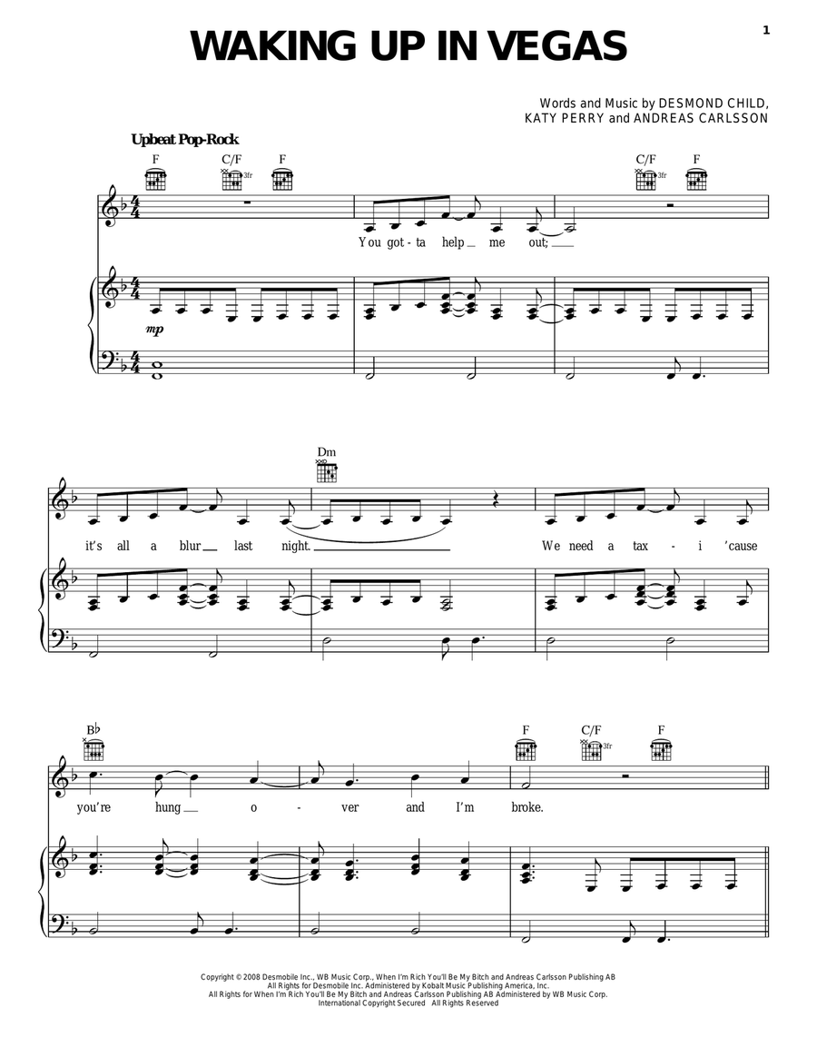 Waking Up In Vegas Piano, Vocal, Guitar scores gallery preview page 1