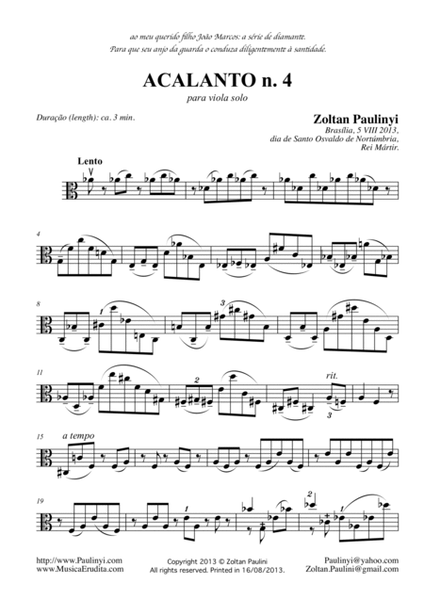 Acalanto n.4 for solo violin. Includes version for solo viola/cello. image number null