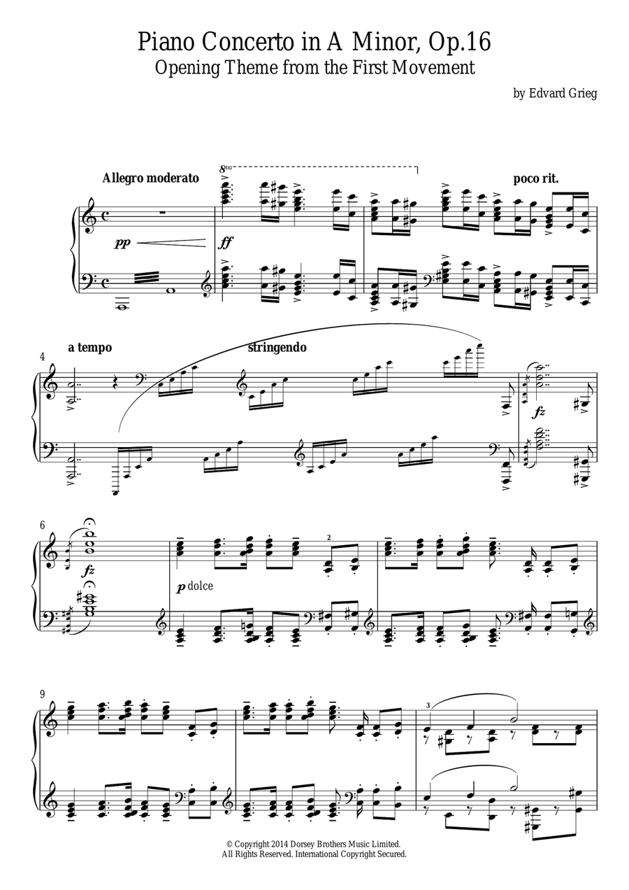 Piano Concerto in A Minor, Op.16, Opening Theme Piano Solo scores gallery preview page 1