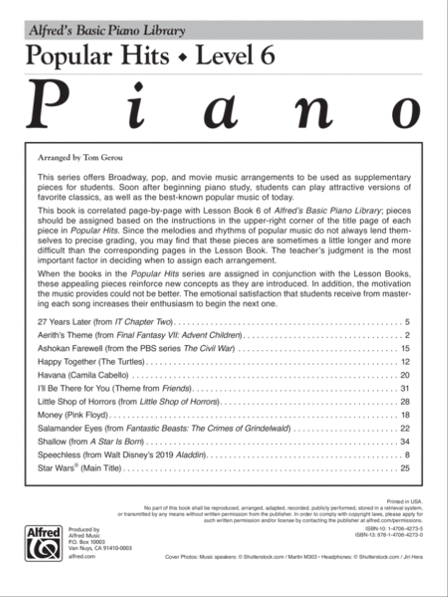 Alfred's Basic Piano Library -- Popular Hits Level 6