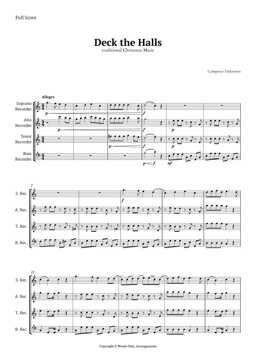 Deck the Halls by Oliphant for Recorder Quartet