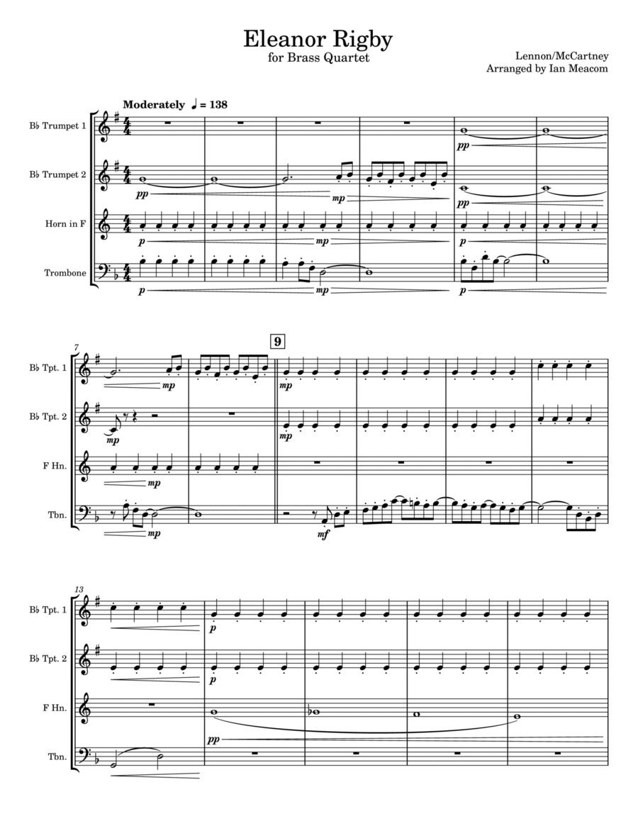 Eleanor Rigby Brass Quartet scores gallery preview page 1