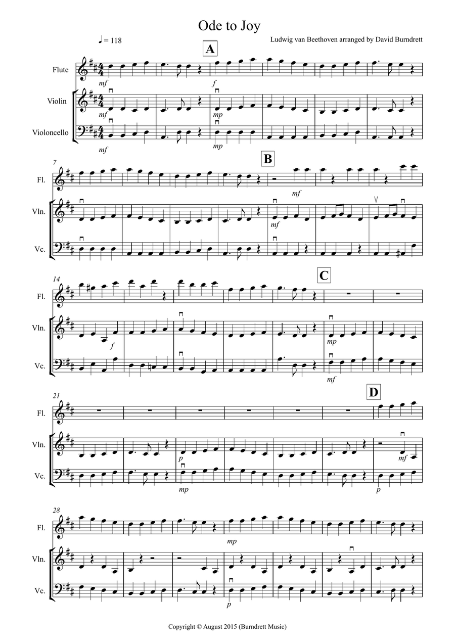 Ode to Joy for Flute, Violin and Cello Small Ensemble scores gallery preview page 1