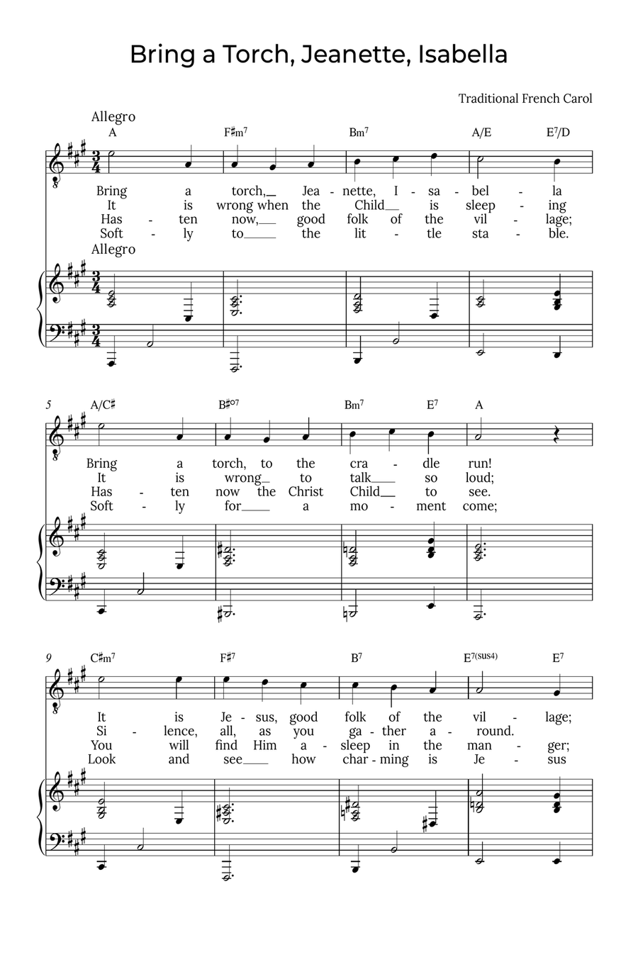 Bring a Torch, Isabella - Baritone with chords in A, Jeanette Voice Solo scores gallery preview page 1