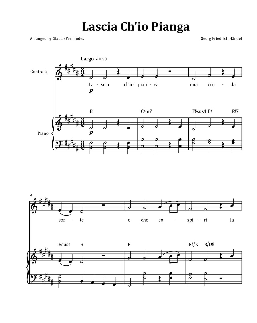 Lascia Ch'io Pianga by Händel - Contralto & Piano in B Major with Chord Notation Chamber Music scores gallery preview page 1