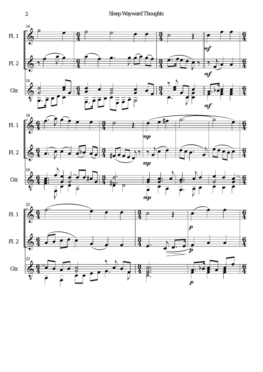 Sleep wayward thoughts for 2 flutes and guitar Flute scores gallery preview page 2