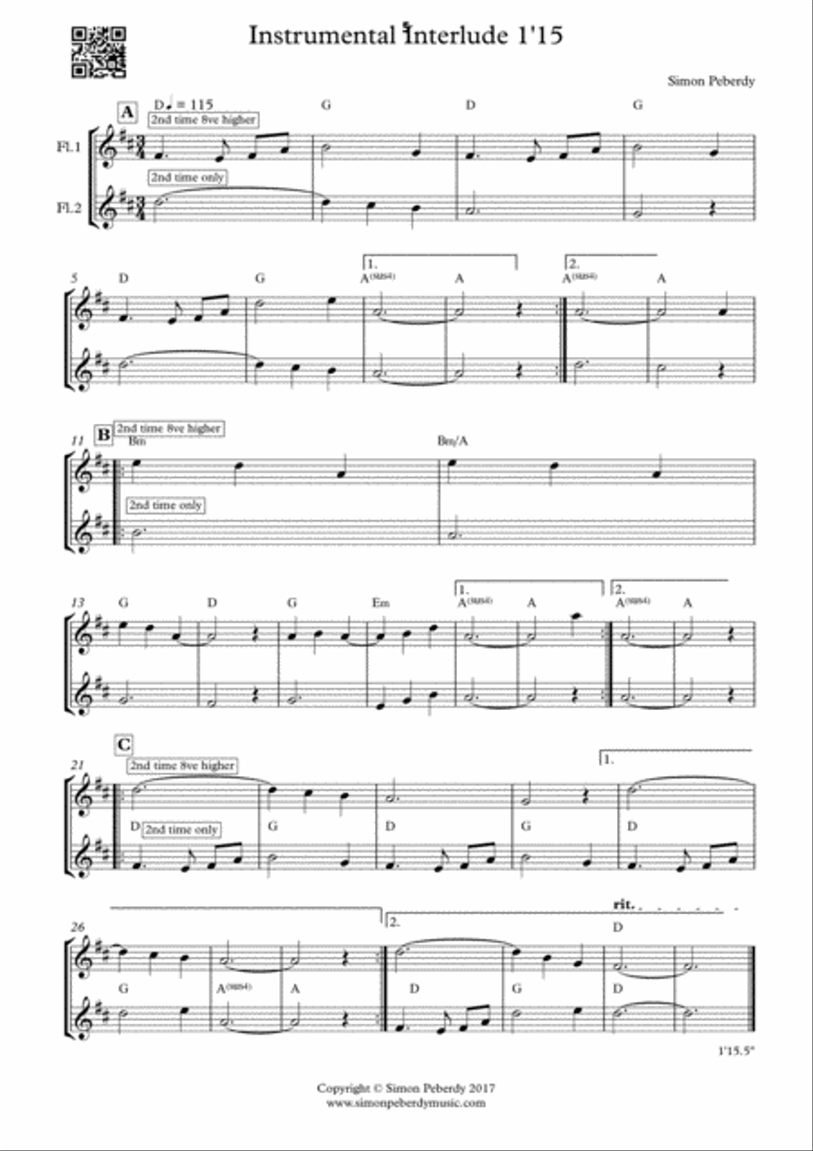 Instrumental Interludes, Book 3 (5 pieces), for 2 flutes, guitar and/or piano by Simon Peberdy Small Ensemble scores gallery preview page 6