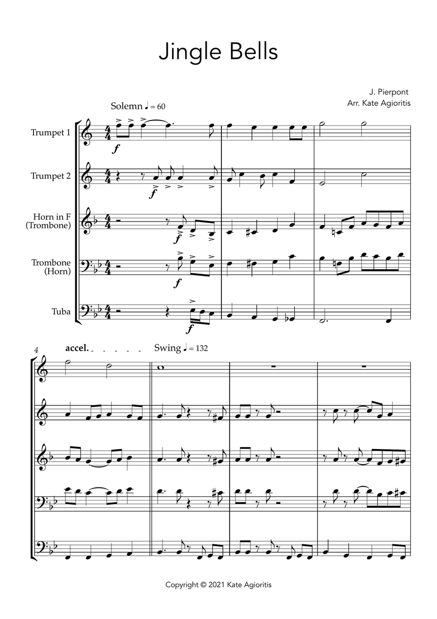 Jingle Bells - Jazz Arrangement for Brass Quartet Brass Quartet scores gallery preview page 3
