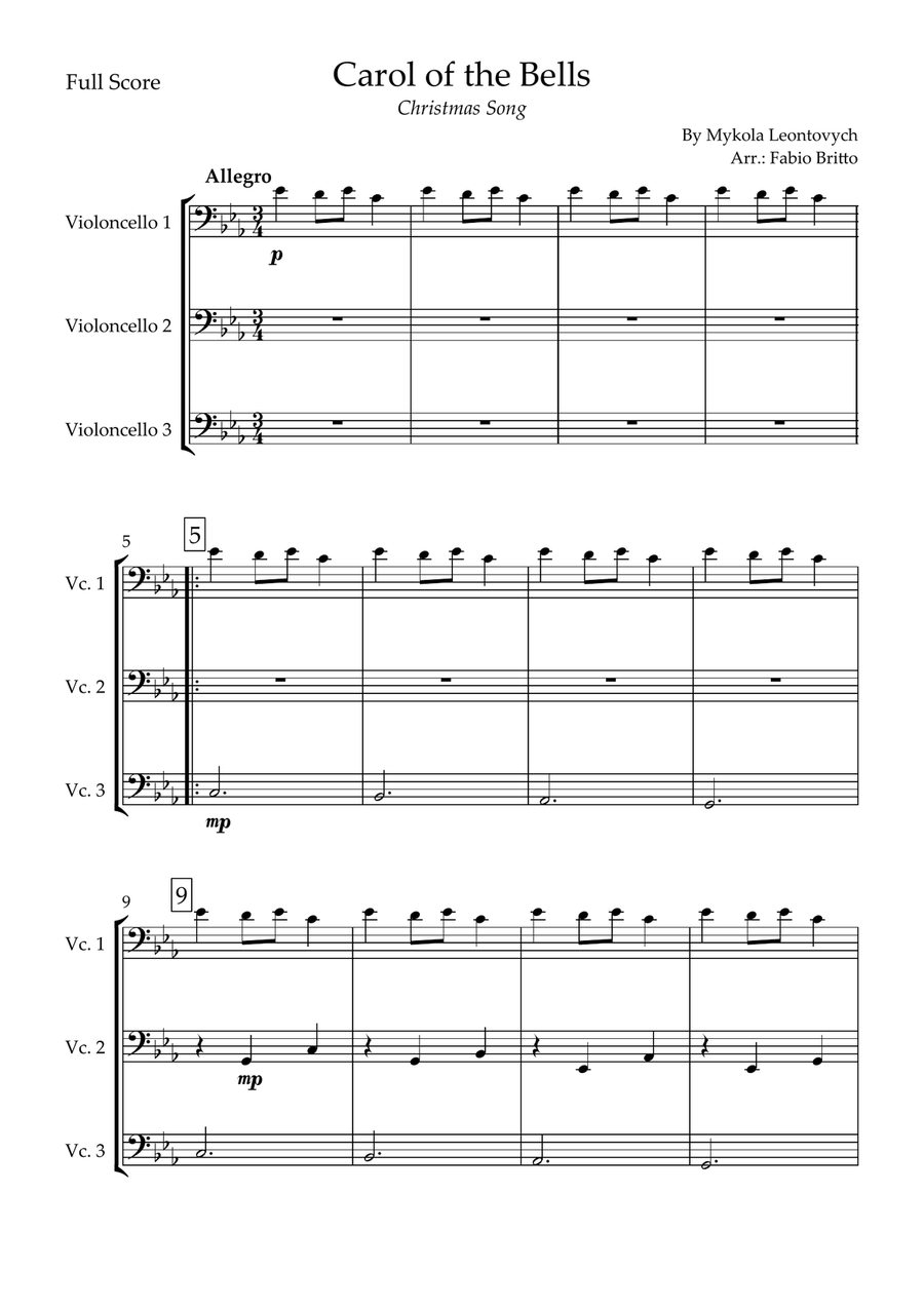 Carol of the Bells (Christmas Song) for Cello Trio