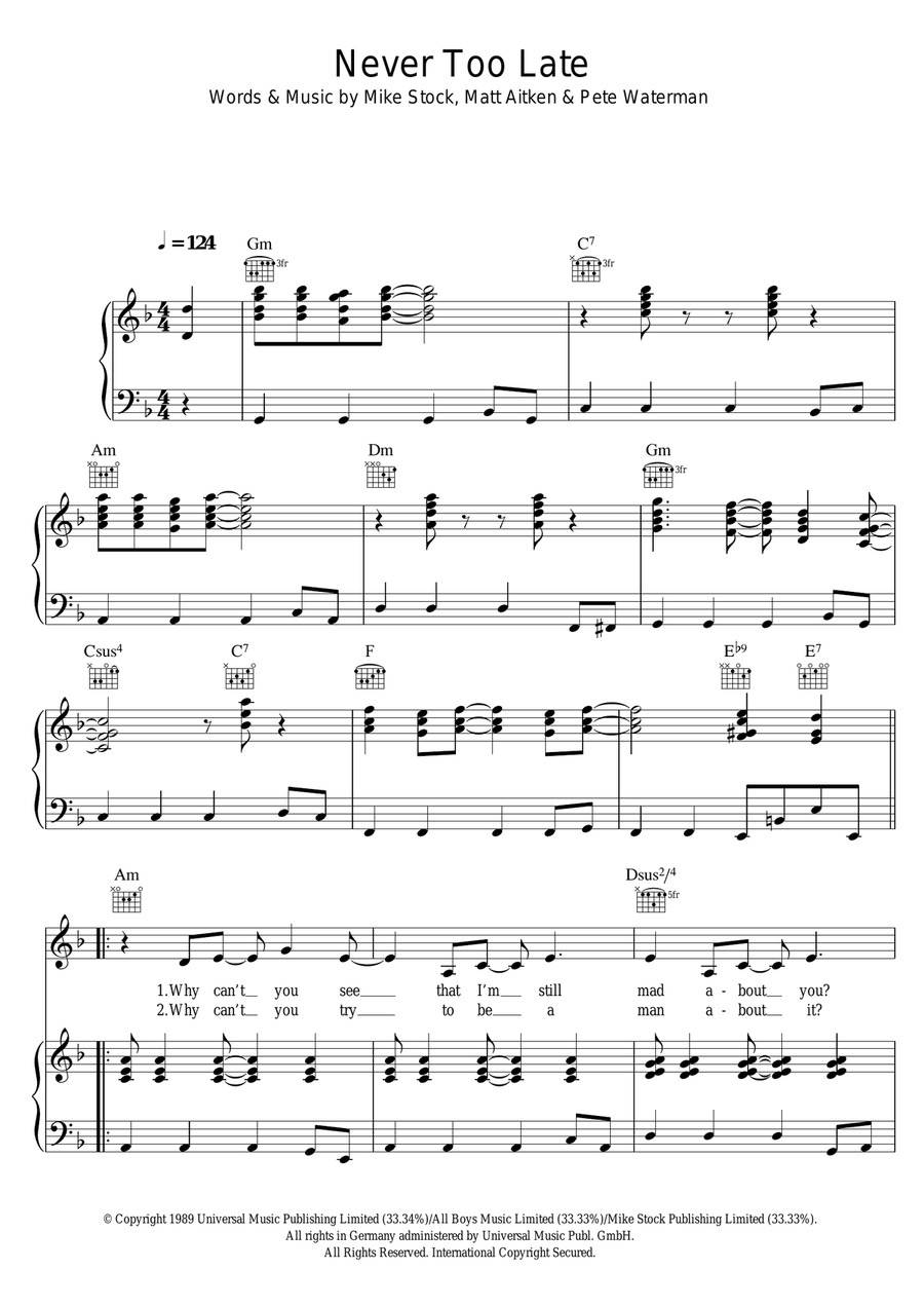Never Too Late Piano, Vocal scores gallery preview page 1