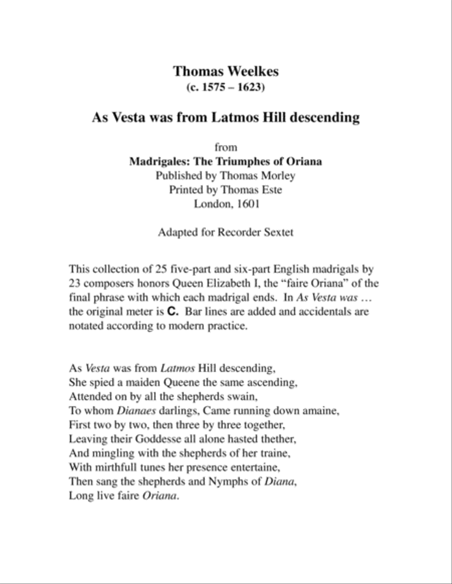 As Vesta Was Descending for Recorder Sextet Recorder scores gallery preview page 2