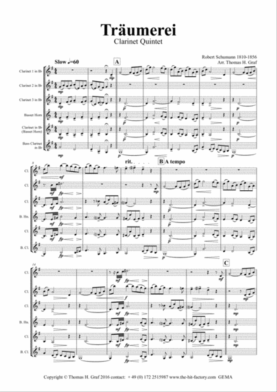 Träumerei - romantic Masterpiece by R.Schumann - Clarinet Quintet Clarinet Quintet scores gallery preview page 1