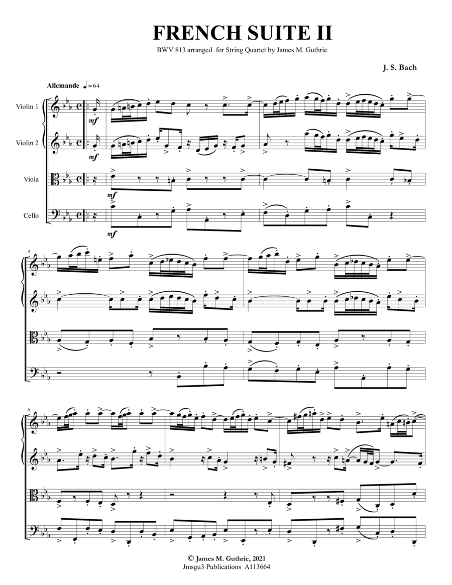 BACH: French Suite No. 2 BWV 813 for String Quartet String Quartet scores gallery preview page 1