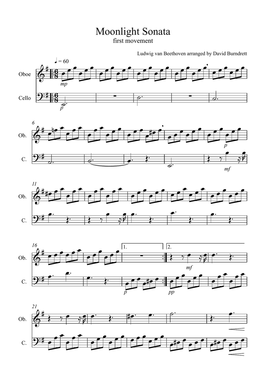 Moonlight Sonata for (1st movement) for Oboe and Cello Duet Oboe scores gallery preview page 1