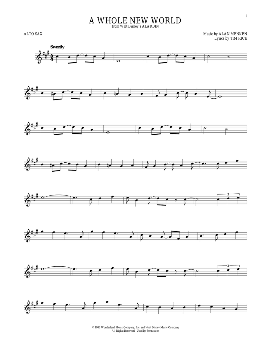 A Whole New World (from Aladdin) Alto Saxophone scores gallery preview page 1