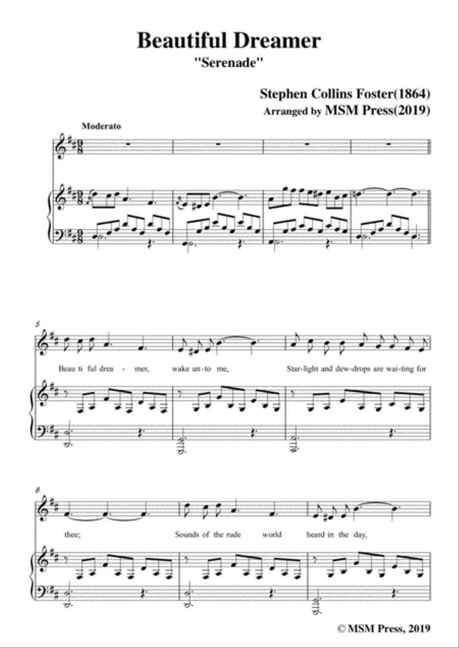 Stephen Collins Foster-Beautiful Dreamer,in D Major,for Voice&Piano Voice scores gallery preview page 3