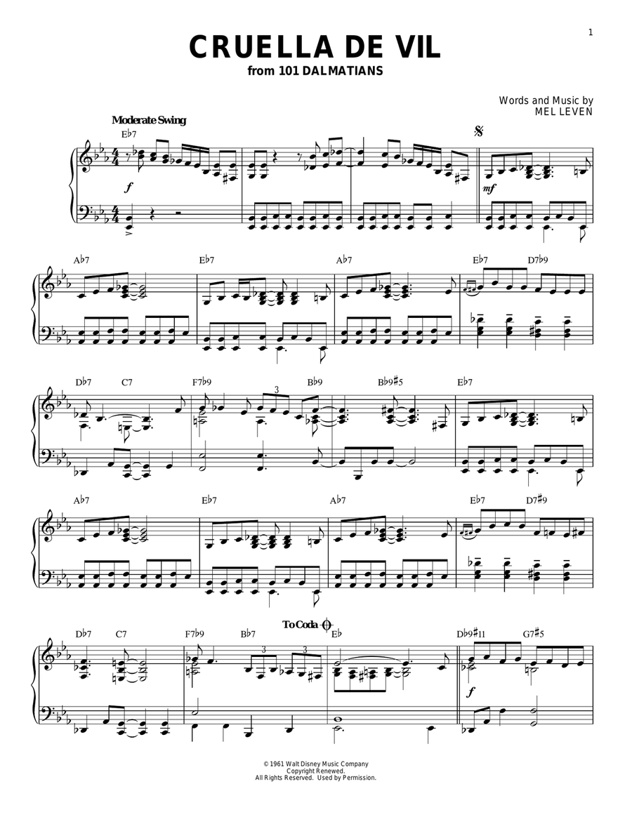 Cruella De Vil [Jazz version] (from 101 Dalmatians) Piano Solo scores gallery preview page 1