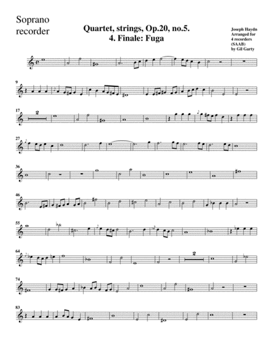 Fugue from string quartet, Op.20, no.5 (arrangement for 4 recorders)