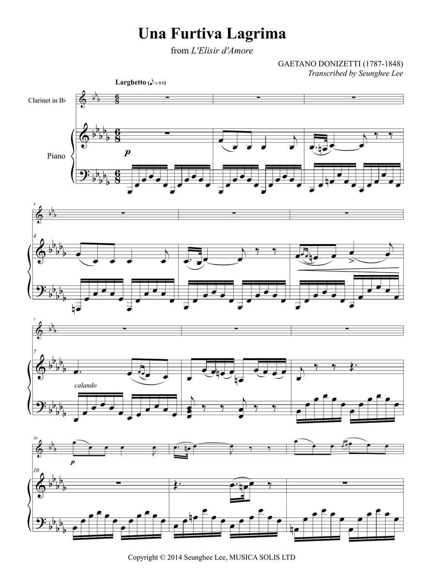 Gaetano Donizetti: Una Furtiva Lagrima for Clarinet and Piano Clarinet Solo scores gallery preview page 1