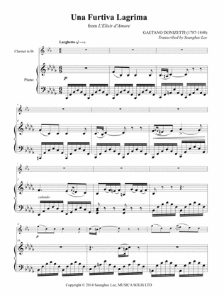 Book cover for Gaetano Donizetti: Una Furtiva Lagrima for Clarinet and Piano