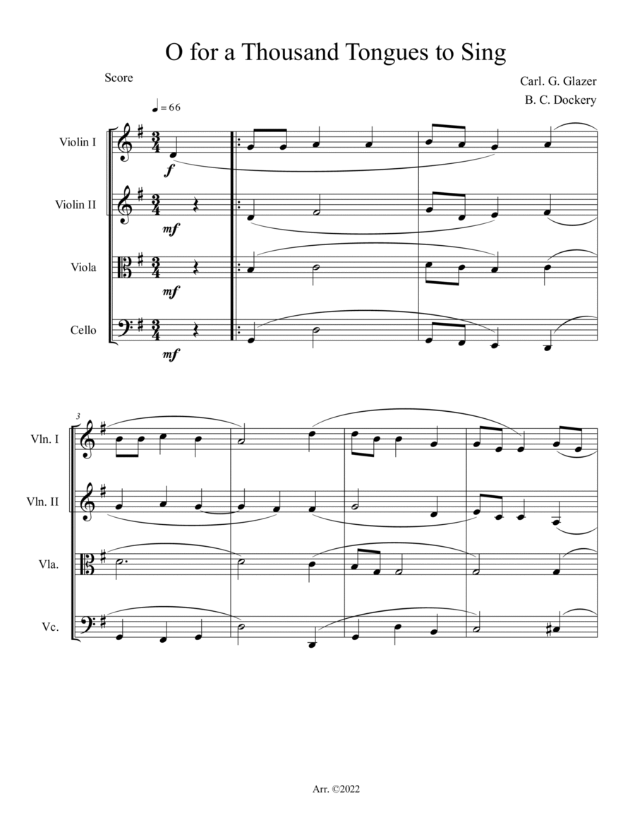 O for a Thousand Tongues to Sing (String Quartet) String Quartet scores gallery preview page 1