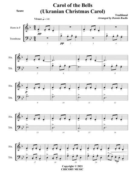 Carol of the Bells (Ukrainian Carol) - Horn in F and Trombone Duet - Intermediate image number null