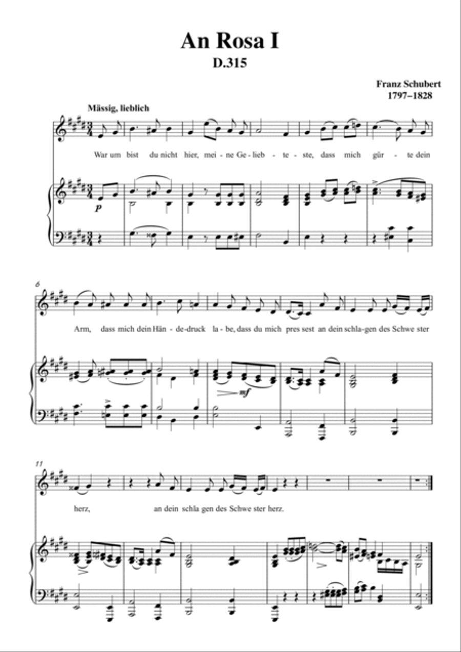 Schubert-An Rosa I(To Rosa),D.315 in E for Vocal and Piano Voice scores gallery preview page 2