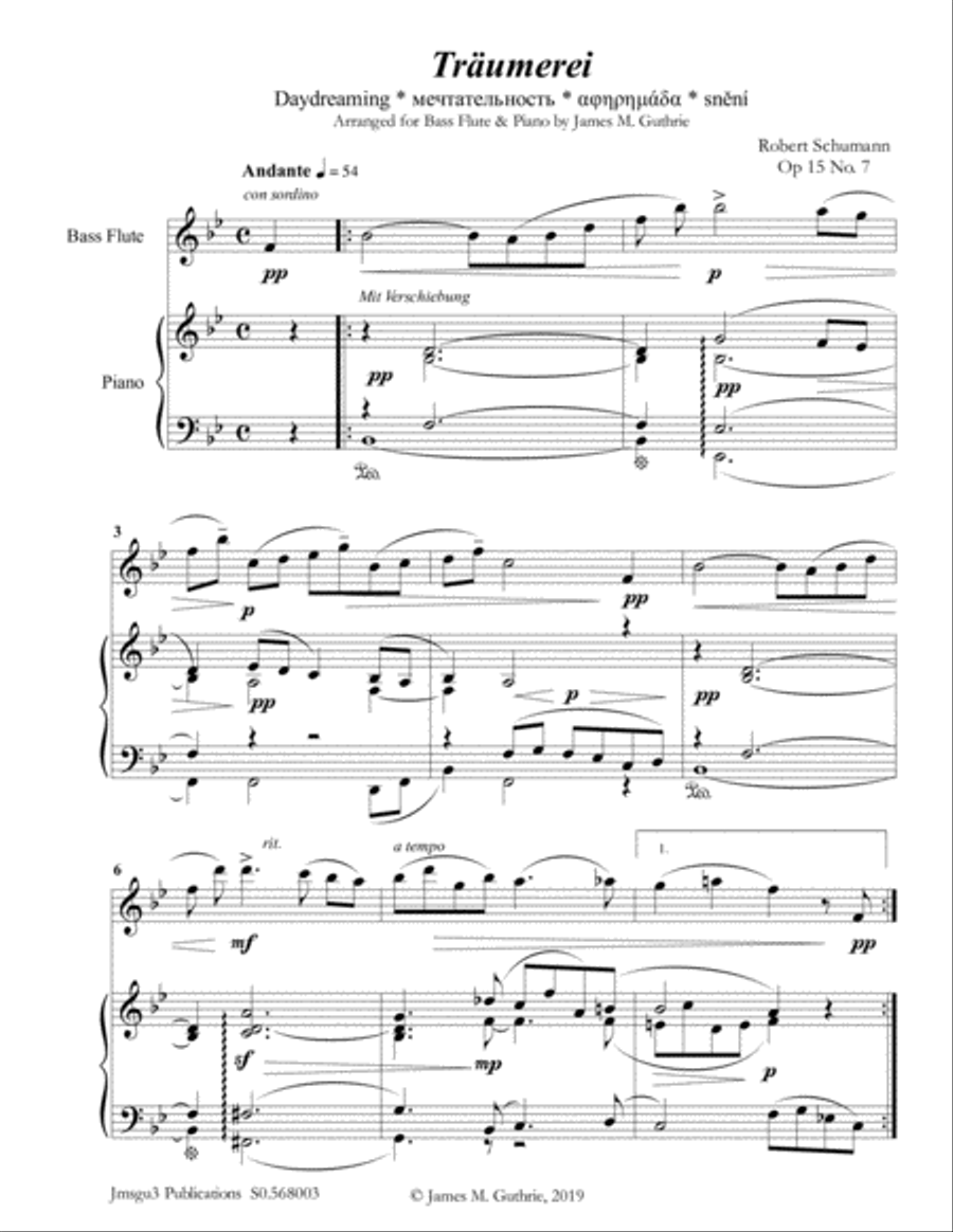 Schumann: Träumerei Op. 15 No. 7 for Bass Flute & Piano Flute Solo scores gallery preview page 1