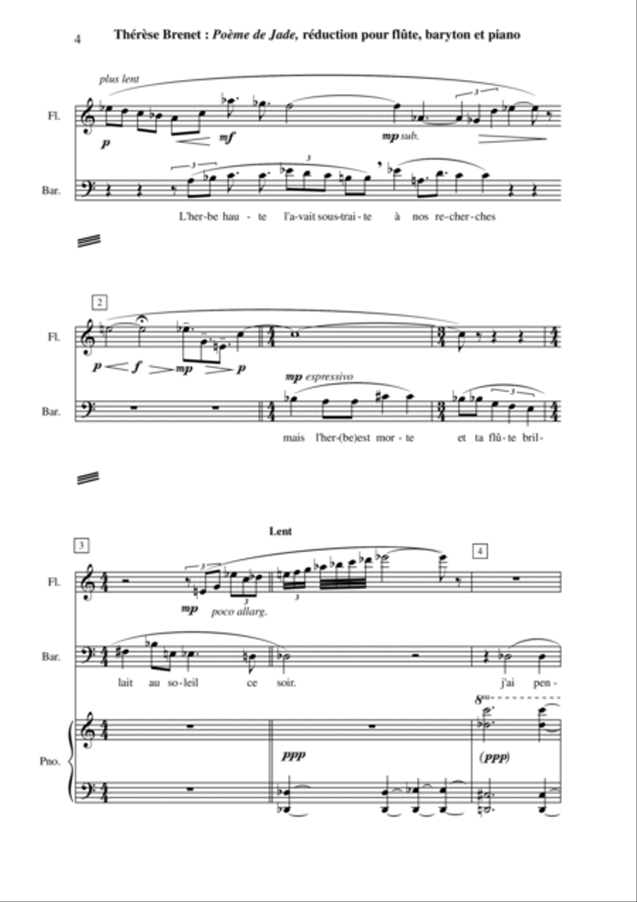 Thérèse Brenet: Poème de Jade, seven mélodies on Chinese Poems for baritone, flute solo and orchestr Small Ensemble scores gallery preview page 4