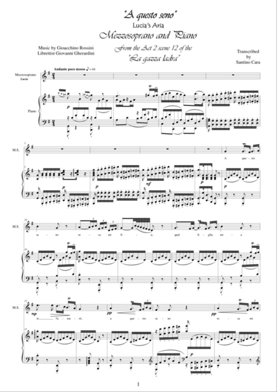 Rossini-La gazza ladra (Act 2) A questo seno - Mezzo-soprano and piano Mezzo-Soprano Voice scores gallery preview page 1