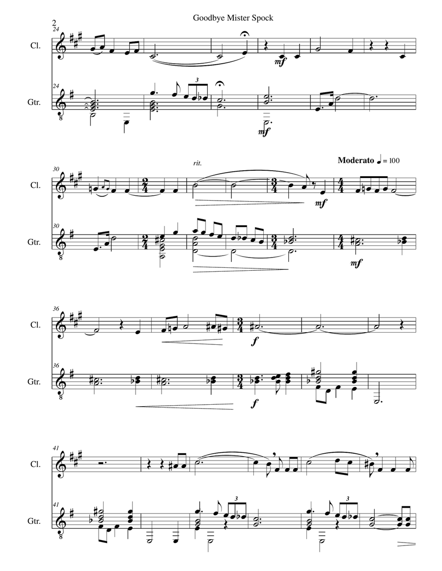 Goodbye Mister Spock for clarinet and guitar Clarinet scores gallery preview page 2