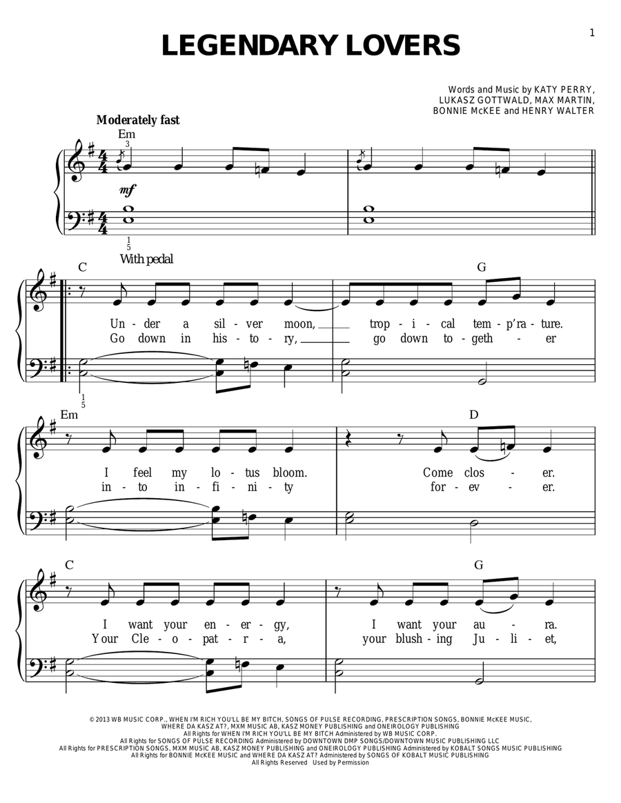 Legendary Lovers Easy Piano scores gallery preview page 1