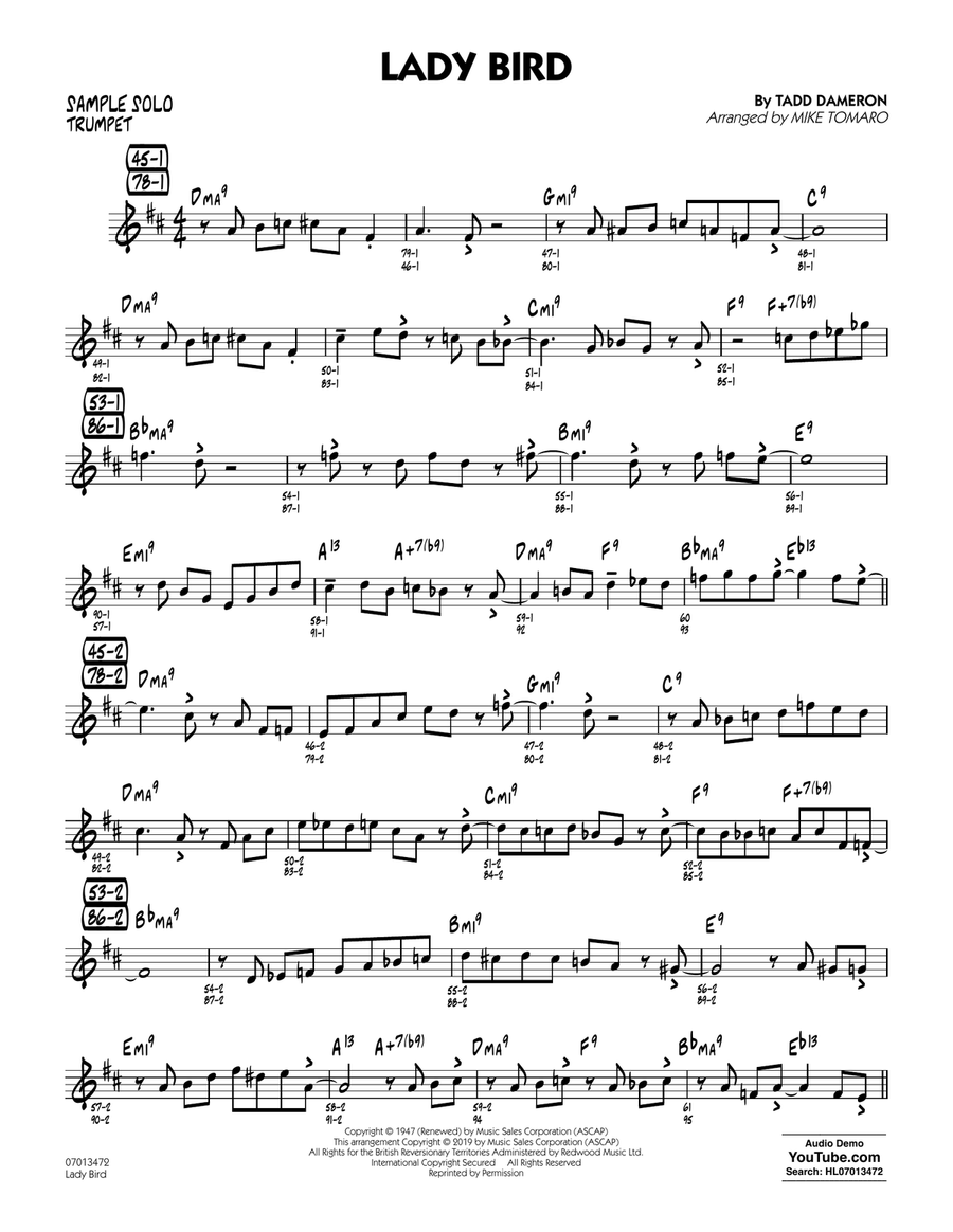 Lady Bird (arr. Mike Tomaro) - Sample Solo - Tenor Sax