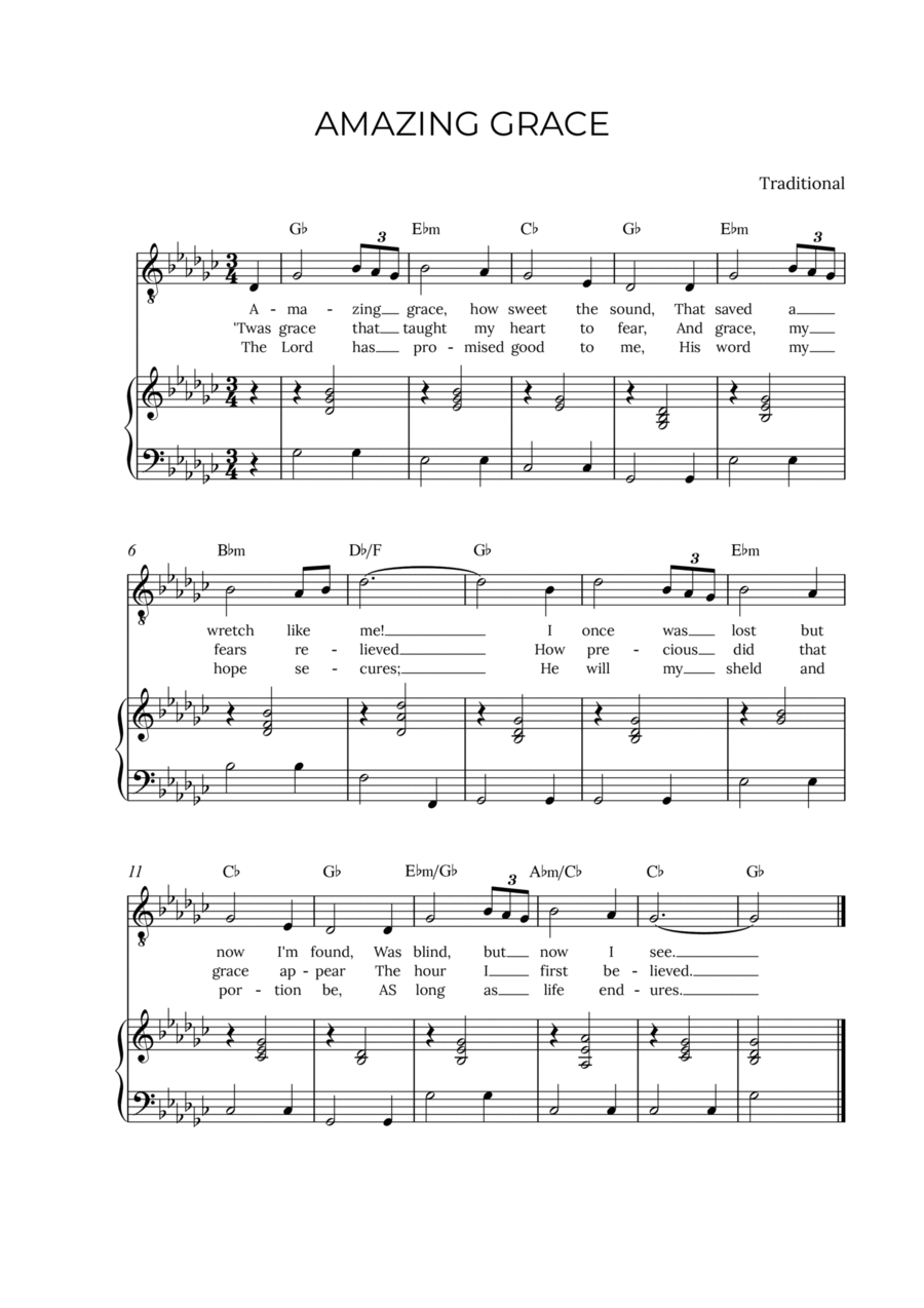 AMAZING GRACE - for piano and tenor in Gb major with chords Voice scores gallery preview page 1