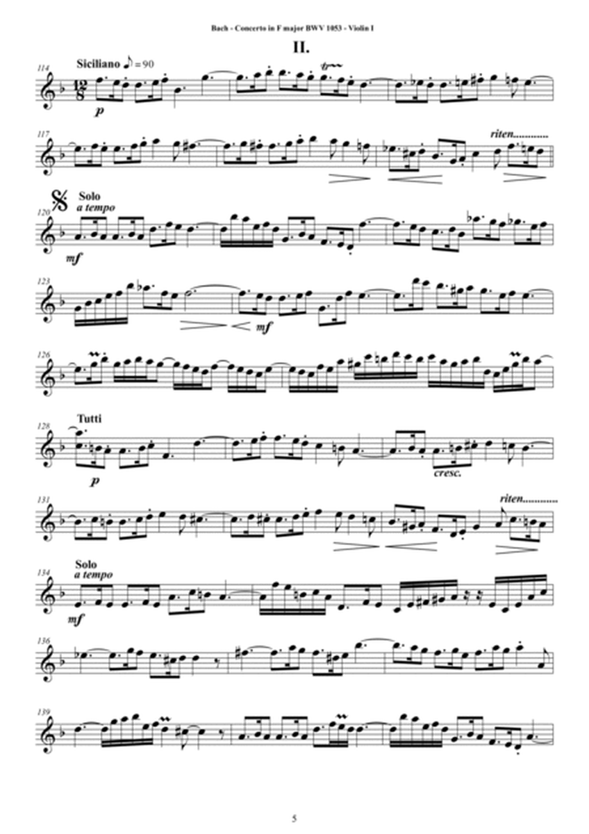 Bach - Concerto in F major BWV 1053 for String Quartet - Complete Parts image number null