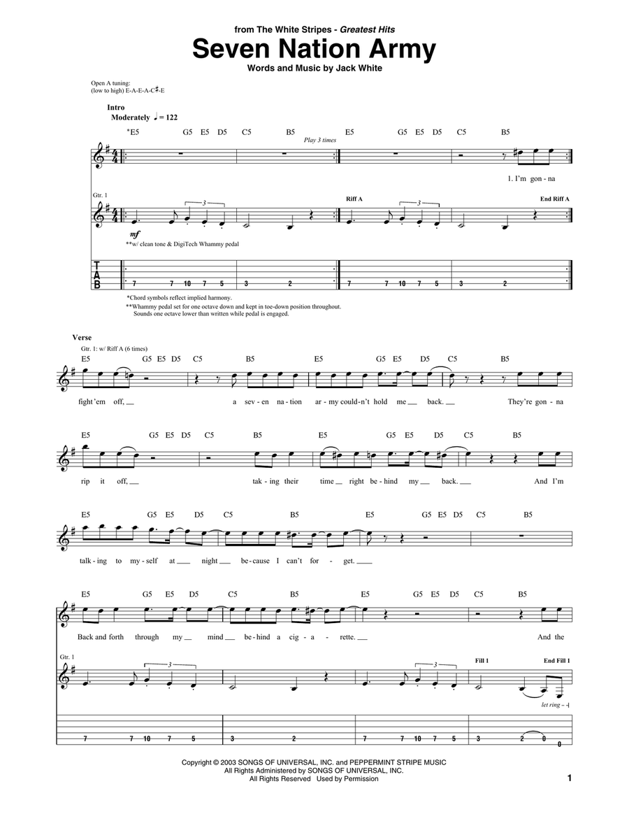 Seven Nation Army Guitar Tablature scores gallery preview page 1