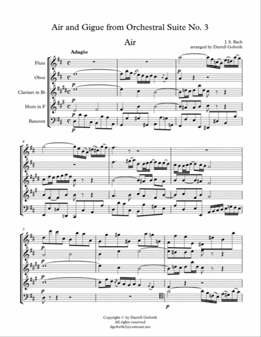 Bach: Air and Gigue from the Orchestral Suite No. 3 in D Major for Woodwind Quintet Small Ensemble scores gallery preview page 2